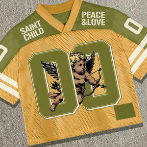 Trending Men's Vintage Saint Child Peace & Love Graphic V-Neck Boxy Mesh Jersey Tee Blokette Blokecore Chic Streetwear Fashion - Product Image 5