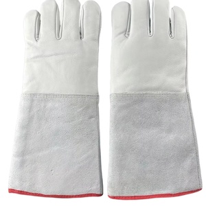 Gants de soudage TIG en cuir véritable blancs avec bordure rouge et design de pouce intégré, résistants aux éclaboussures de métal fondu, en coton, pour soudage à l'arc. - Product Image 2