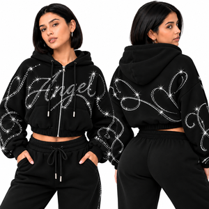 Custom Rhinestone <b>Cropped</b> <b>Zip</b> <b>Up</b> <b>Hoodie</b> Women Sparkle Streetwear Heavyweight Fleece Sweatshirt Wholesale B2B Supplier USA - Product Image 3