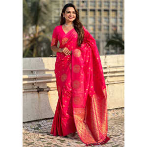 Sari de Seda Suave Rosa con Bordado de Pavo Real, Tejido Doble Zari de Elite Weaves, Ropa India y Pakistaní - Product Image 2