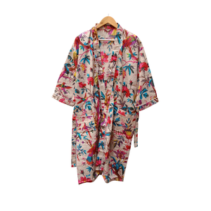 Kimono artisanal en coton à motif floral pêche |   Robe de chambre à manches longues et col en V pour femme |   Robe de chambre longue de haute qualité, un chef-d'œuvre - Product Image 1