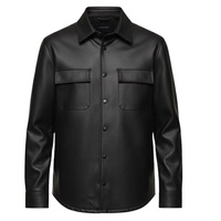 Chemise en cuir noir pour homme, manches longues, style workwear vintage, col montant, couleur unie, décontractée, boutons en corne, pour l'hiver