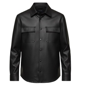 Men's Black Leather <b>Shirt</b> Long Sleeve Workwear Style Turn-down Collar Solid Color Casual <b>Shirt</b> Autumn Wear - Product Image 1