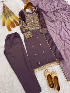 Eco-Friendly Heavy Style Suit Collection Roman Shimmer Silk <b>Sequined</b> Embroidery Sequence Work Top Palazzo Faux Georgette Dupatta - Product Image 3