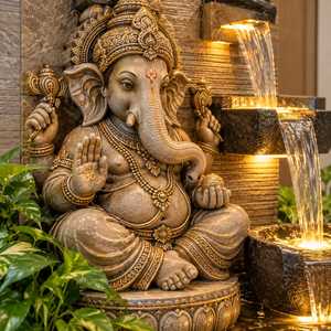 Fontaine d'eau en marbre artisanale de luxe pour l'extérieur, avec éclairage LED, 3 pieds, décoration hindoue, idole de Ganesha, cascade - Product Image 6