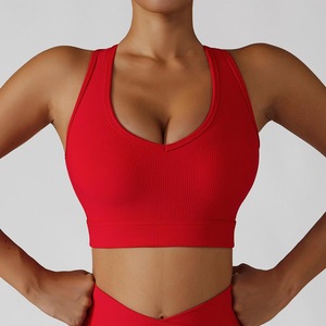 V-Neck Ribbed Sports Bra Medium Support Purple Yoga <b>Top</b> For Women - Product Image 5