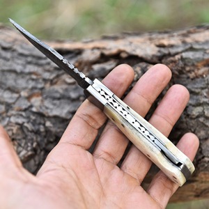 Handmade Damascus Steel Folding <b>Knife</b> • <b>Bone</b> <b>Handle</b>, Leather Sheath - Product Image 3