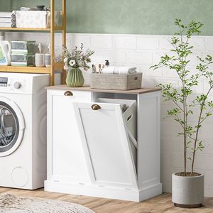 Mobiletto Portabiancheria in Rattan con Doppia Apertura a Ribalta, 2 Cesti Rimovibili da 5L, Moderno Contenitore per Bagno con Ante Stile Shaker e Maniglie - Product Image 2