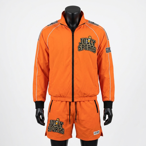 Conjunto Corto de Chaqueta Cortavientos y Pantalones Cortos para Hombre, de Poliéster Taslon 120 GSM, Color Naranja, con Cierre, Parche Bordado y Logotipo Personalizado - Product Image 1