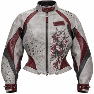 Custom <b>Women</b> Graphic Printed Biker Real Cowhide Leather Jacket Punk Spike White Grey Burgundy <b>Coat</b> OEM ODM Factory Supplier - Product Image 1