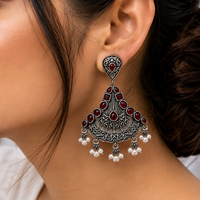 Boucles d'oreilles classiques en laiton, motif floral, argent oxydé, pierre rouge, vente en gros |   Boucles d'oreilles pendantes de qualité supérieure |   Usine directe