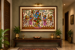 Pintura Artesanal de Lord Krishna Raslila Pattachitra, Arte Folclórico Tradicional de Odisha, Decoración de Pared para Sala de Estar, Hogar o Templo - Product Image 5