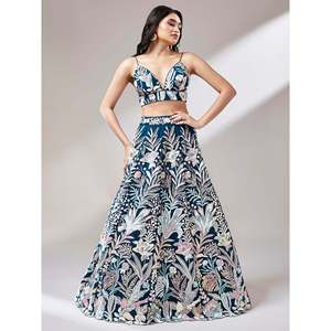 Precioso diseñador de red de lentejuelas azul verde azulado Lehenga Choli con Dupatta - Product Image 6
