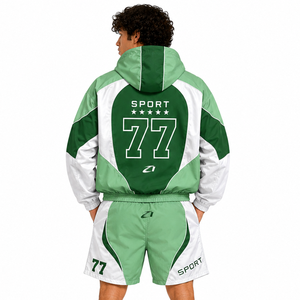 Conjuntos de cortavientos de nailon con paneles en contraste personalizados a la moda, chaquetas y pantalones cortos de poliéster para hombre, resistentes al viento, de dos piezas, con capucha. - Product Image 2