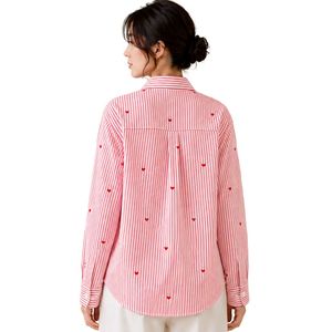 <b>Red</b> White Striped Women Button Down Shirt Long Sleeve Cotton <b>Blouse</b> Heart Embroidery Loose Fit Casual Fashion Oversized Top - Product Image 2