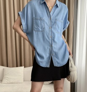 Camisa de Mezclilla Holgada con Botones para Mujer, Manga Corta, Color Sólido, Estilo Casual de Primavera/Verano - Product Image 1