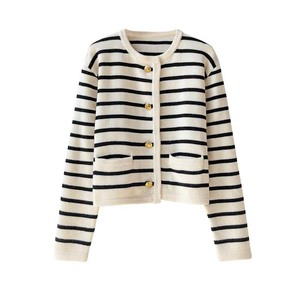 <b>Women's</b> Striped Knit <b>Cardigan</b> Crew Neck Full Sleeve <b>Crop</b> Length Button Closure Nautical Style 100% Acrylic Autumn Wear - Product Image 1