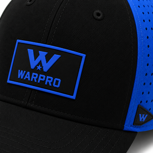 Gorra Deportiva Warpro Negra y Azul de Malla con Cierre Ajustable de 6 Paneles y Logotipo Grabado en el Panel Frontal - Product Image 3