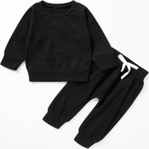 Survêtement en coton noir pour bébés garçons, col ras du cou, manches longues, couleur unie, pantalon de jogging décontracté, taille élastique, vêtements d'automne - Product Image 1
