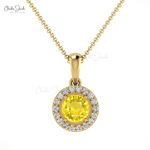 Handcrafted 14K <b>Solid</b> <b>Gold</b> Gemstone Necklace 0.23CTW Natural Yellow Sapphire Halo Diamond <b>Pendant</b> Chordia Jewels Christian - Product Image 3