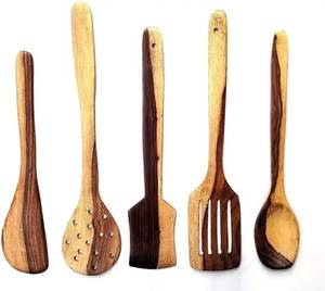 Juego de cucharas de madera de teca duraderas para cocinar, incluye espátula, cuchara volteadora, cuchara para servir y cuchara para preparar alimentos en la cocina. - Product Image 2