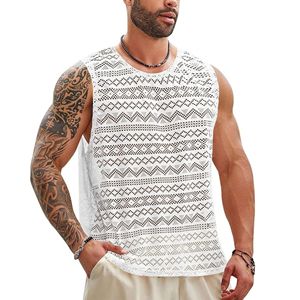 Hommes voir à travers gilet col rond sans manches débardeurs Muscle Sexy dentelle maille chemises - Product Image 2