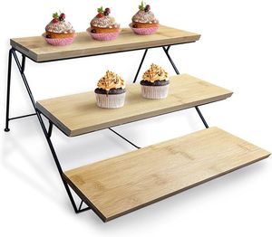 Bandeja de Servir de Bambú de Tres Niveles con Soporte Metálico Plegable para Postres, Café, Cupcakes y Aperitivos - Product Image 1