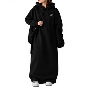 Women's Black Hooded Abaya Long Sleeve Floor Length Modest <b>Dress</b> Arabic Embroidery Solid Casual Daily Wear Cotton <b>Loose</b> - Product Image 1