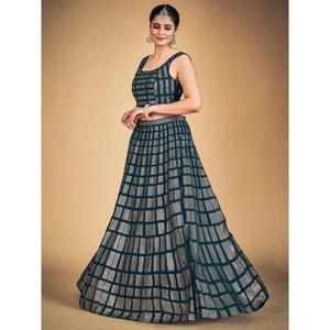 Impressionnant bleu sarcelle paillettes Georgette fiançailles Lehenga Choli - Product Image 4