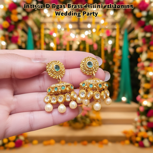 Antique Gold Plated Brass Jhumka Stud Drop Earrings with Golden Pearl for Wedding Party - Product Image 3