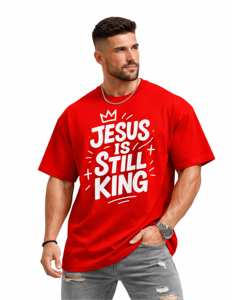 เสื้อยืดโอเวอร์ไซส์สีแดงสำหรับผู้ชาย JESUS IS STILL KING สไตล์ลำลองหลวมๆ แนวคริสเตียน สตรีทแวร์ ผ้าฝ้าย 100% ระบายอากาศได้ดี เป็นมิตรกับสิ่งแวดล้อม - Product Image 1