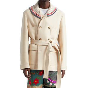 Manteau croisé en laine mélangée crème pour homme, de haute qualité, sur mesure, avec col tricoté et ceinture à la taille - Product Image 1
