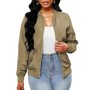 Blouson bomber vert olive à manches longues, fermeture éclair, col montant, vêtement d'extérieur décontracté en polyester tissé, pour toutes les saisons - Product Image 2