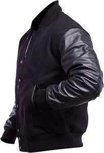 แจ็คเก็ตเบสบอลหนังแท้สีดำแบบกำหนดเองสำหรับผู้ชาย แจ็คเก็ตนักเรียนมัธยมปลาย ปักลายปักแบบเรียบง่าย ดีไซน์หนังแกะ สำหรับฤดูหนาว - Product Image 3