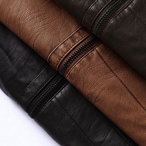 Unisex Slim Fit Premium Leather Moto Jacket Stand Collar <b>Covered</b> <b>Button</b> Closure Regular Sleeve Winter Style Solid Color Front - Product Image 4