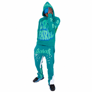 Chándal con Capucha Color Verde Azulado para Hombre, Manga Larga, Estilo Urbano Informal, Corte Regular, 100% Poliéster, Ropa de Otoño con Estampado de Letras y Bolsillos Laterales - Product Image 4