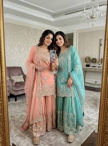 Women's Premium Embroidered Modern Salwar Kameez Sharara Dupatta Set Summer/Winter Wrinkle Free Designer Festive Party Wear - Product Image 1