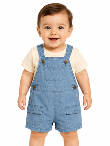 Conjunto de peto vaquero para bebé niño con camiseta de algodón suave, mono corto lindo, atuendo informal de verano con tirantes ajustables - Product Image 1