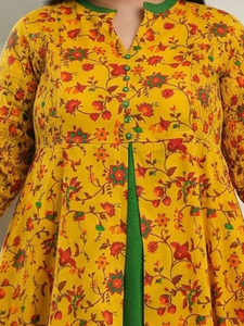Conjuntos de Algodón Elástico con Estampado Floral para Mujer, Talla Grande, Vestido Anarkali de Maternidad, Mangas 3/4, Cuello Mandarín, Color Mostaza, Corte Acampanado - Product Image 6