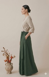 Elegant Women's Summer Eco-Friendly Vintage Casual Wear Dress Short Sleeve Belted Loose Fit Natural Waist Solid Color - Product Image 2