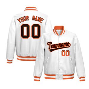 Unisex White PU Leather Varsity Jacket with Orange Trim Custom Name Number Printed Front <b>Back</b> Personliased Labels LOGO - Product Image 1