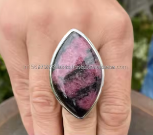 Venta caliente hecho a mano 925 Plata bohemio diseñador anillo Rodonita piedra preciosa con diamante perla corte para él y ella para fiesta de boda - Product Image 1