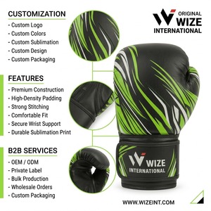 Gants de boxe WIZE INTERNATIONAL en PU avec fermeture Velcro, gants d'entraînement vert et noir, pour adultes - Product Image 6