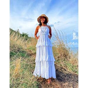 Robe longue bohème pour femme à manches longues, à volants, taille naturelle, en coton lavable, idéale pour la plage et les vacances - Product Image 1