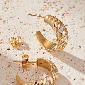 14K <b>Gold</b> Lab Grown Diamond <b>Huggie</b> Hoop Earrings_ Elegant Twist Design - Product Image 5