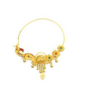 Anneau de nez en or massif 22 carats, bijou de mariage traditionnel indien, design Nath motif paon floral émaillé, grande taille, fil de piercing - Product Image 1