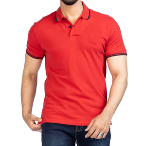 Polo de Manga Corta Rojo para Hombre, Corte Regular, Color Sólido, Ribete en Contraste, Estilo Casual, Cuello Camisero, Tejido de Algodón - Product Image 1