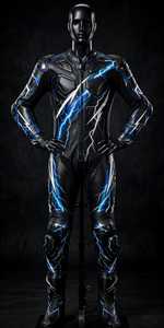 Traje de Motociclismo de Cuero Negro para Hombre, Mono de Una Pieza con Diseño de Rayos Azules - Product Image 4
