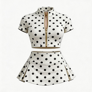 Conjunto de falda de dos piezas con lunares para mujer, top corto con cremallera y falda plisada de tenis, chándal informal de verano, ropa de descanso ajustada. - Product Image 1