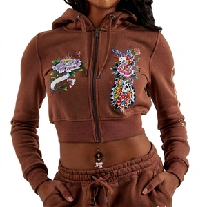 High Quality Custom <b>White</b> Sparkle Diamonds Zip Up Hoodie <b>Cropped</b> 100% Cotton Drop Shoulder Boxy Fit Hoodies Streetwear - Product Image 1